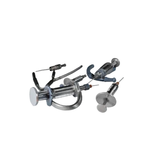 Modello 3D Siringa Dentale Stilizzata, rendering isometrico stilizzato, che mostra acciaio inossidabile, scala strumento port