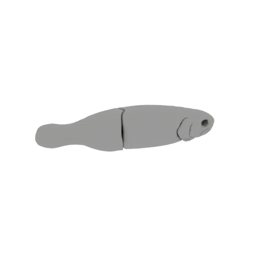 3D model of a segmented gray fish lure, shown from a side profile against a white background.