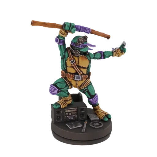 3D model of Donatello from Teenage Mutant Ninja Turtles, holding a bo staff, standing on a boombox and record base.