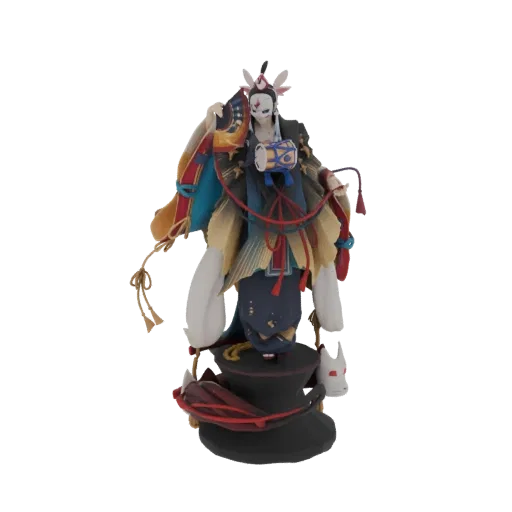 3D model of a Kitsune masked performer with a white fox mask and colorful traditional Japanese attire, standing on a stylized