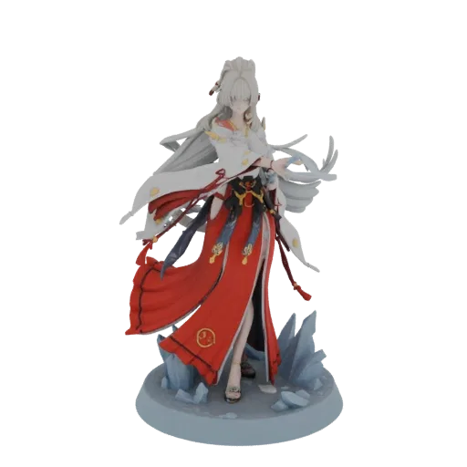 3D model of a shrine maiden with long silver hair, wearing flowing red and white robes, standing on a base of icy rocks.