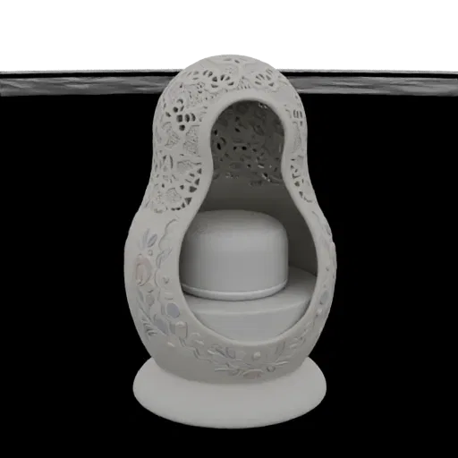 3D model render of a white, ornate Matryoshka doll shaped lantern with intricate floral carvings and openwork details.