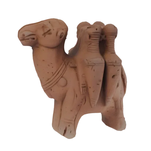 3D model render of a terracotta camel figurine with saddle bags, showcasing its earthy texture and detailed saddle.