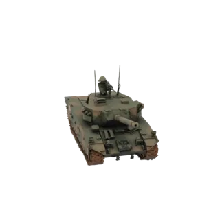 3D model of an M4A3E8 Sherman tank with a commander figure in the turret, shown from a front-three-quarter view against a whi