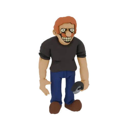3D model of a creepy clay man with messy orange hair, a wide grin, wearing a dark t-shirt and blue jeans, holding a knife.
