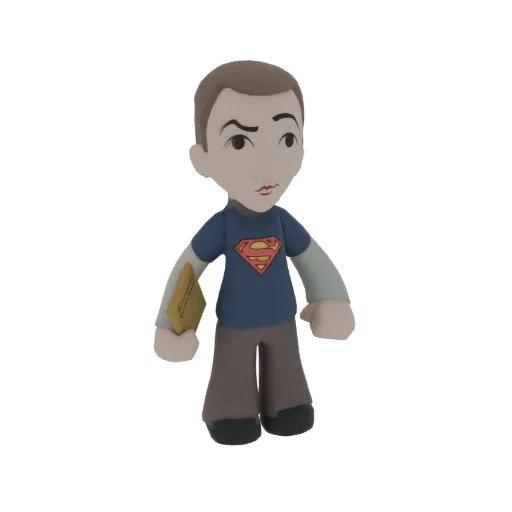 3D model of Sheldon Cooper from The Big Bang Theory, wearing a Superman t-shirt and holding a yellow book.