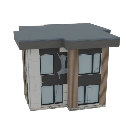 3D model of a modern two-story house facade with stone, wood, and dark paneling, featuring large windows and a flat roof.