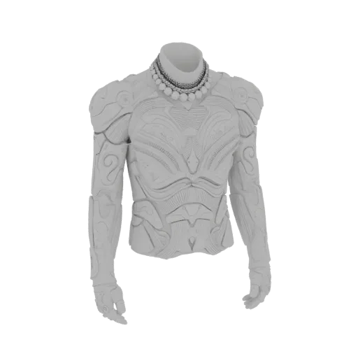 3D model of a futuristic chestplate with intricate patterns and a pearl necklace, displayed against a black background.