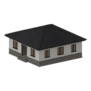 Modelo 3D de casa moderna térrea com paredes brancas, base de pedra e telhado de telhas escuras, visto de um ângulo ligeirame