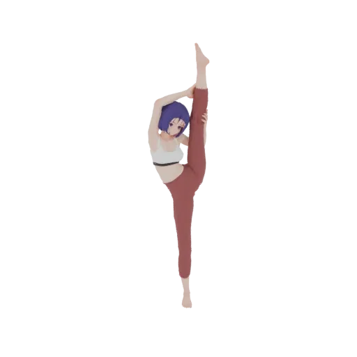 3D model of an anime gymnast performing a perfect vertical split, with one leg extended straight up and the other bent.