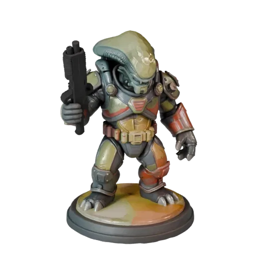 Monster Alien Trooper stylized 3D model preview showing silhouette, three-quarter game view, pose and resin detail
