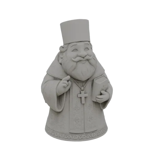 Renderização de modelo 3D de um padre estilizado e amigável com barba, usando chapéu alto e vestes, segurando um livro.