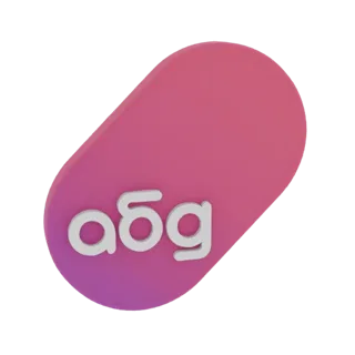 Rendu 3D pilule abstraite dégradé rose-violet, lettres blanches 'a', 'б', 'g'.