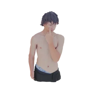 Modello 3D di un giovane con capelli scuri, che indossa boxer, con il dito sul naso in posa pensierosa.