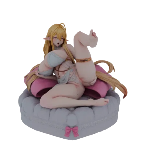 3D model of an elf girl with long blonde hair, wearing white lingerie, posed on pink cushions on a grey heart-shaped base.