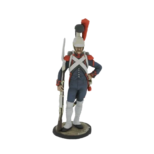 3D model of a French Line Infantryman from 1812, wearing a blue uniform with red accents and a tall shako, holding a musket.