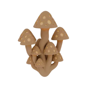 3D render of a cluster of stylized, beige mushrooms with glowing yellow spots on their caps, arranged on a white background.