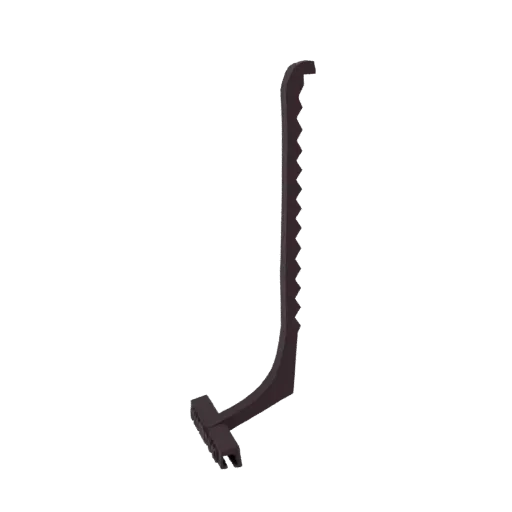 3D model of a dark, jagged edge tool with a curved handle and notched end, presented on a white background.
