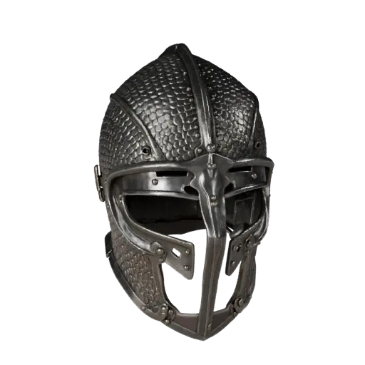 Casco Medieval modular 3D, vista isométrica de kit modular, mostrando metal, cota de malla para cabeza.