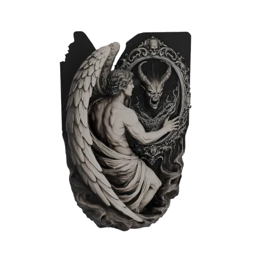 3D model of a winged angel reaching towards an ornate mirror, revealing a demonic reflection within.
