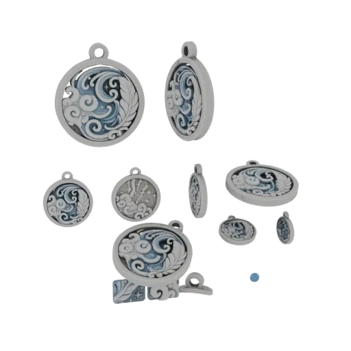 3D render of an ornate pendant with a wave and feather design, shown from multiple angles.