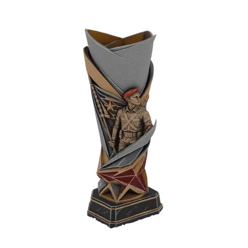 3D model of a military soldier trophy with a stylized flag design, featuring metallic textures and red accents.