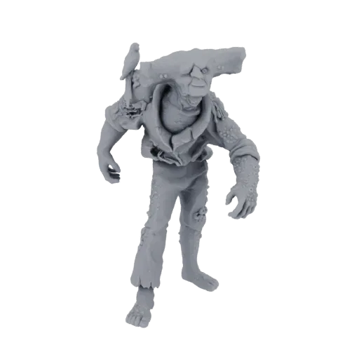 Modelo 3D de un goblin grotesco con un pájaro en su hombro, renderizado en plástico gris, sobre fondo blanco.