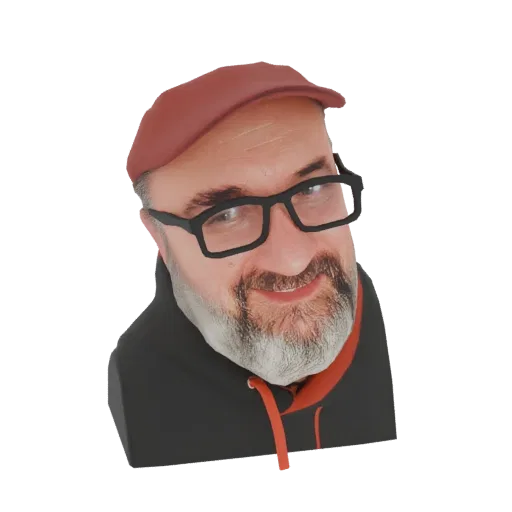 3D render of a bust model of a man with glasses, a beard, and a red cap, wearing a dark hoodie.