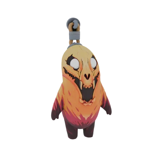 3D model of a stylized skull creature with a fiery orange and red gradient, sharp teeth, and white eyes, with a loop for hanging.