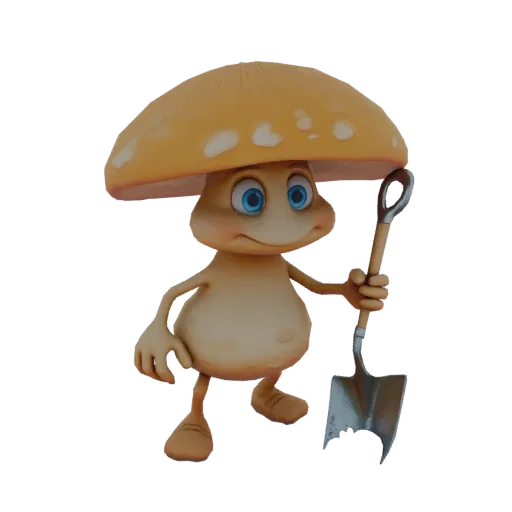 3D model of a cute, cartoonish mushroom character with a large orange cap and blue eyes, holding a small shovel.