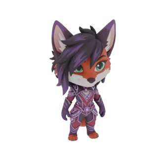 Ein 3D-Render eines Chibi-Fuchs-Kriegers mit lila Haar und pink-lila Rüstung, der aufrecht steht und nach vorne blickt.