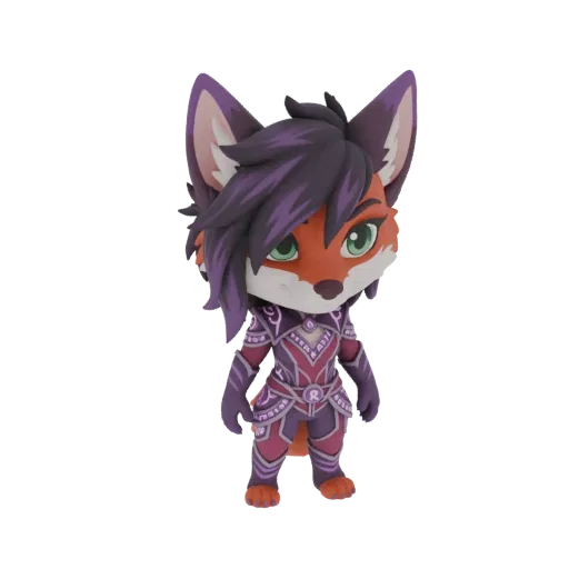 A 3D render of a chibi fox warrior with purple hair and pink and purple armor, standing and looking forward.
