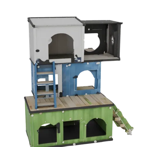 Modelo tridimensional de casa de hamster de dois andares em quatro cores com terraço e escada, em branco, preto, azul e verde