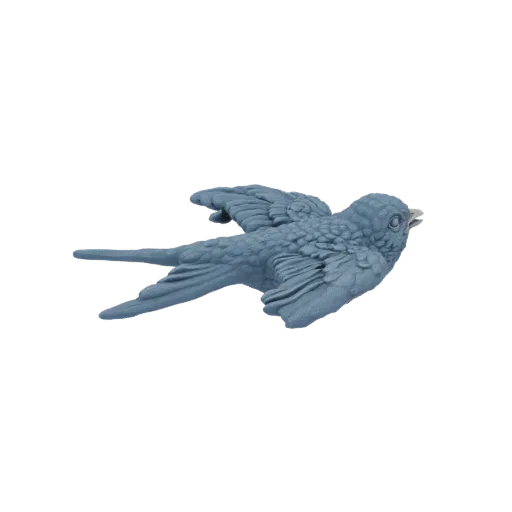 Modelo 3D de um pássaro azul estilizado em pleno voo, com asas abertas e cauda estendida, sobre um fundo branco.