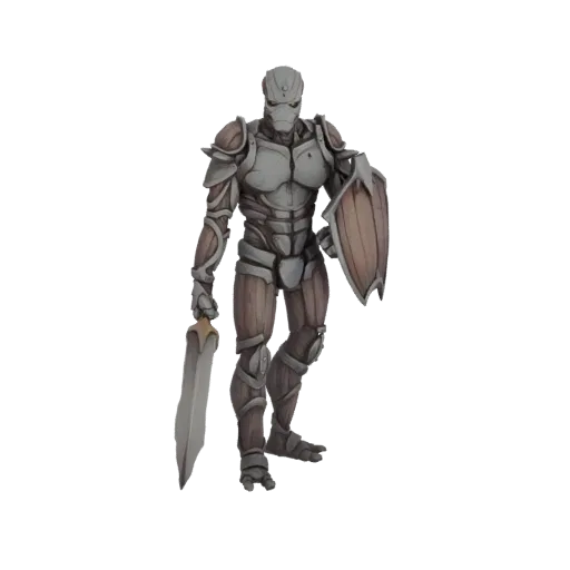 3D model of an ancient warrior in full armor, holding a sword and shield, with a weathered, realistic texture.