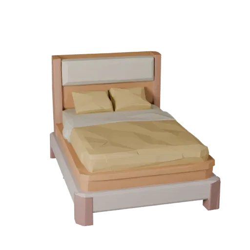 Platform Queen Bed Low Poly 3D model, bedroom, game viewport three-quarter view, fabric detail.