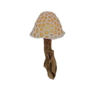 Modelo 3D de um cogumelo de fantasia com chapéu de favo de mel brilhante e haste texturizada, contra um fundo branco.