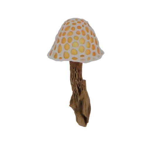 Modelo 3D de um cogumelo de fantasia com chapéu de favo de mel brilhante e haste texturizada, contra um fundo branco.