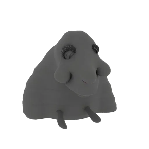 A 3D render of a gray blob creature with large, textured eyes and two small legs, isolated on a white background.