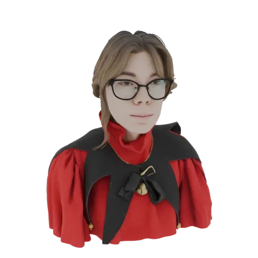 3D model render of a young woman with glasses wearing a red dress and a black jester-style collar with bells.