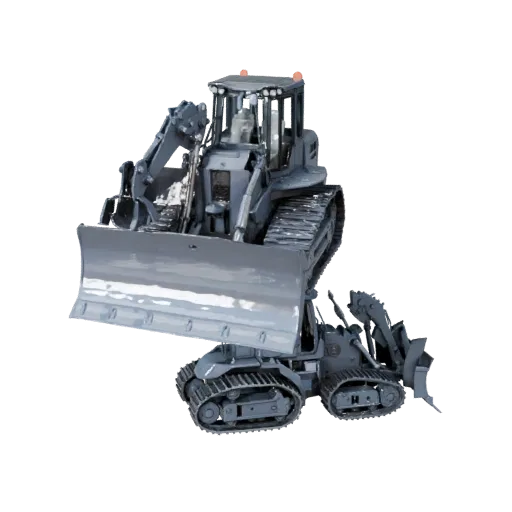 Roadwork Bulldozer High Poly 3D model, close-up studio render, showing painted steel, large mechanical silhouettes.