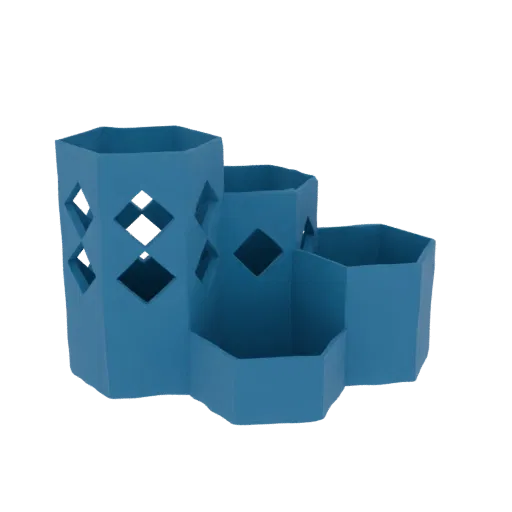 A 3D render of a blue hexagonal desk organizer with diamond cutouts, showcasing its tiered compartments and modern design.