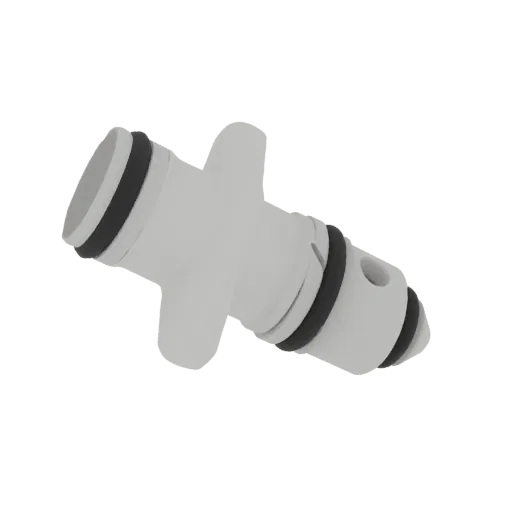 3D model of a white fuel injector nozzle with black O-rings, angled view against a white background.
