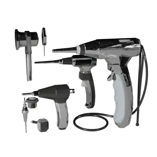 Modelo 3D Otoscopio Dental de baja poligonización, vista de tres cuartos en ventana de juego, mostrando acero inoxidable, esc