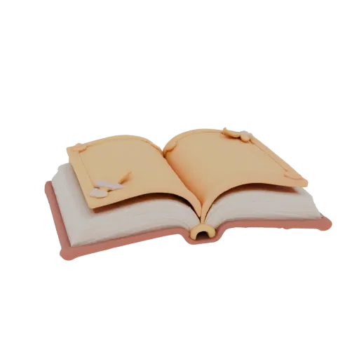 3D model of open book with pink cover and yellow pages, side view