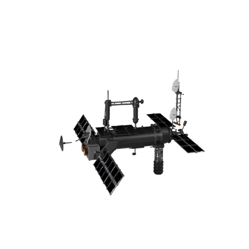 Modelo 3D modular de Satélite de Comunicación, vista isométrica de kit, mostrando paneles solares, silueta de nave espacial.