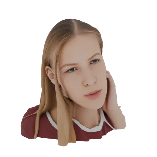 3D model of a young woman with blonde hair, wearing a red shirt, with her hand near her ear.