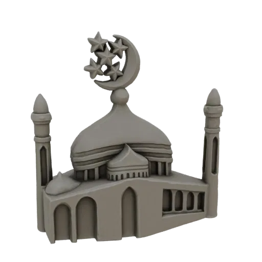 3D model of a stylized Islamic mosque with two minarets, a central dome, and a crescent moon with stars on top.