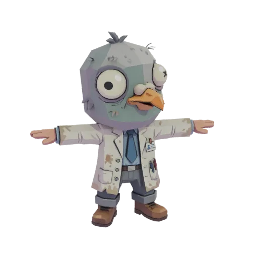 3D model of a pigeon wearing a lab coat, with large eyes and a beak, in a T-pose.
