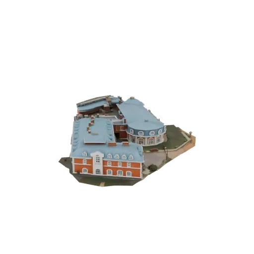 Modelo 3D de um edifício histórico com paredes de tijolos laranjas e telhado azul claro, visto de uma perspectiva aérea.